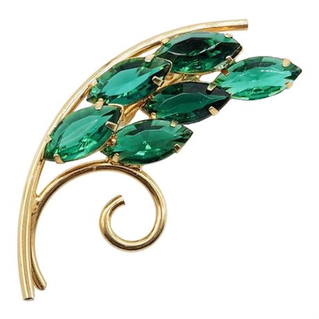 Vintage Green Rhinestone Navette Branch Brooch