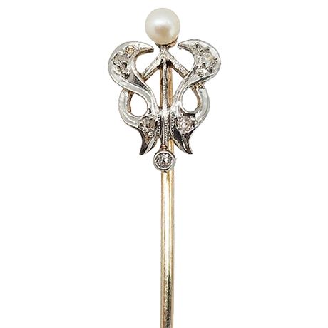 Vintage 14K Gold, Diamond & Pearl Stick Pin
