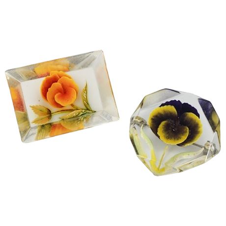 Pair Vintage Reverse Carved Lucite Flower Brooches