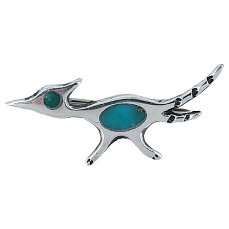 Vintage Native American Sterling Silver Turquoise Roadrunner Brooch