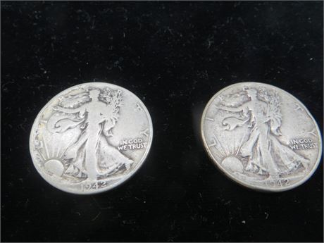 Two 1942 Walking Liberty Half Silver Dollars