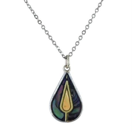 Vintage Silver Tone Abalone Shell Inlay Pendant Necklace
