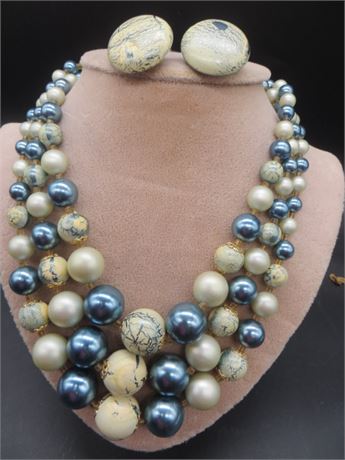 Vintage Japan Turquoise Cream Marble Beads 3 Strand Necklace & Earrings
