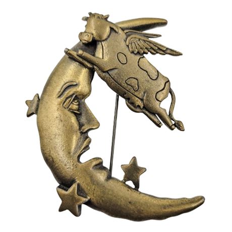 Vintage Signed JJ Jonette "Cow Jumped Over the Moon" Brooch
