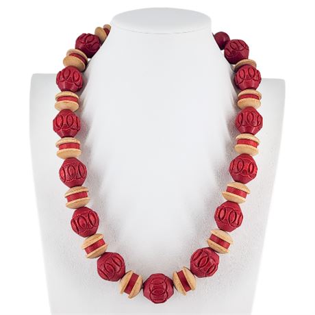Vintage Chunky Pink & Natural Wood Beaded Necklace