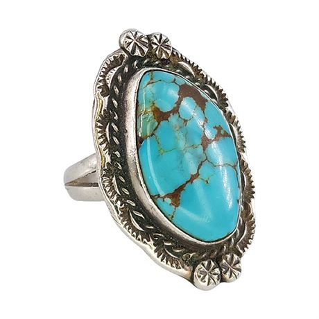 Vintage Unmarked Silver & Turquoise Ring, Sz 7.75