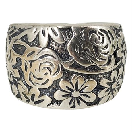 Signed Silpada Sterling Silver Wide Floral Band Ring, Sz 5