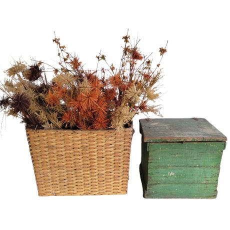 Green Wooden Storage Box / Wicker Basket