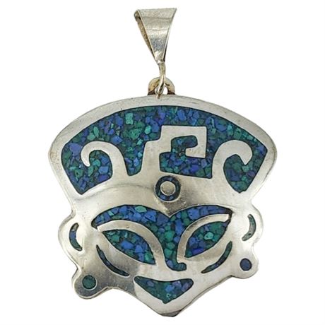 Vintage Alpaca Silver Turquoise Chip Mesoamerican Face Pendant