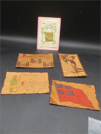 Vintage Card & 4 Vintage Leather Postcards