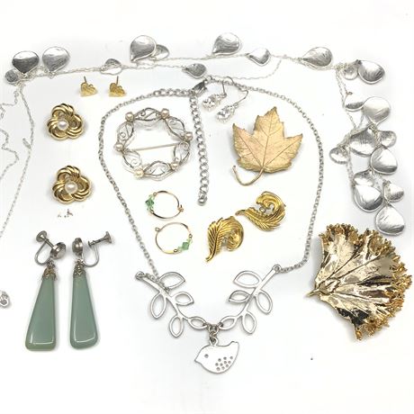 Vintage Jewelry Lot- Bird Necklace, Gold Dipped Leaf, TK 12K GF Brooch