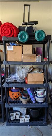 Lot Content 5 Shelves: planters, yard/garden items, seat, w/wheels, sleeping bag