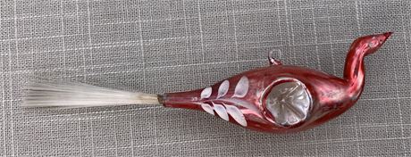Vintage Mercury Glass Garnet Red Indent Bird Ornament, Spun Glass Tail