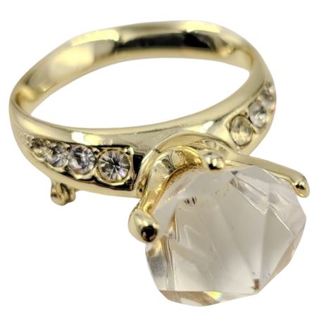 Vintage Gold Tone Oversized Faux Diamond Ring Brooch