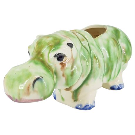 Vintage Green Drip Glaze Ceramic Hippo Planter