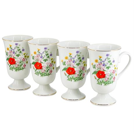 Vintage Floral Ceramic Pedestal Coffee Mugs -Set of 4-