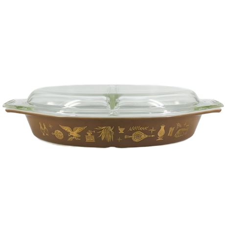 Vintage PYREX Early American Divided Casserole Dish with Lid