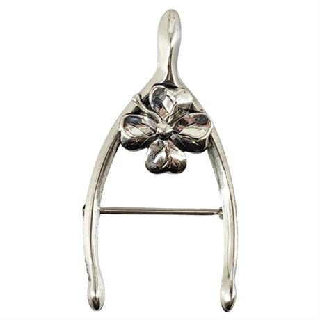 Vintage Sterling Silver Wishbone & 4-Leaf Clover Brooch