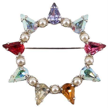 Signed B. David Rhinestone Faux Pearl Circle Brooch