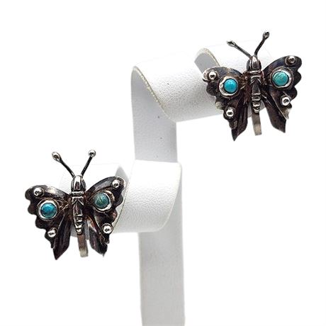 Signed Sterling Silver Turquoise Butterfly Screwback Earrings
