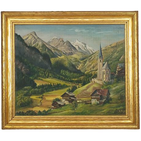 Alpine Village Church Landscape Oil Painting Signed Reinhardt 1995