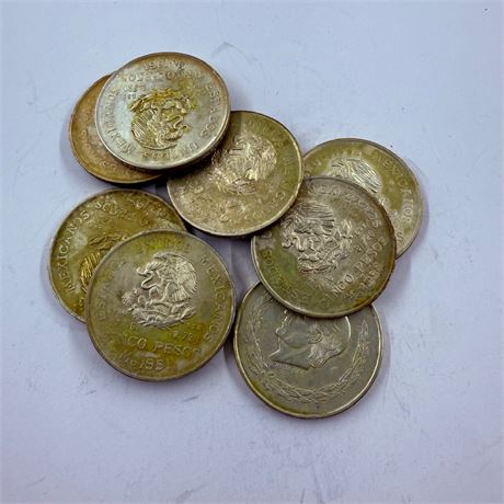 8 BU 1953 Hidalgo 5 Peso Silver Coins