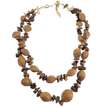 Vintage Painted Nut and Wood  Double Strand Bohemian Style Necklace