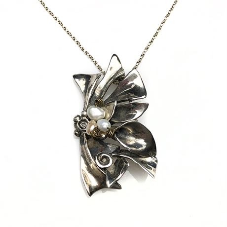 Mid Century Artisan Sterling Silver Freshwater Pearls Pendant Necklace Brooch