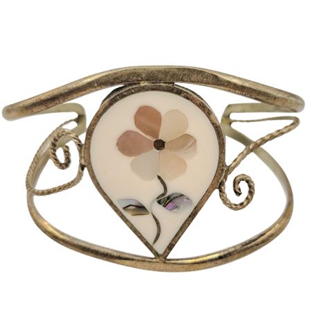 Vintage Gold Tone Mother of Pearl and Abalone Cuff Bracelet