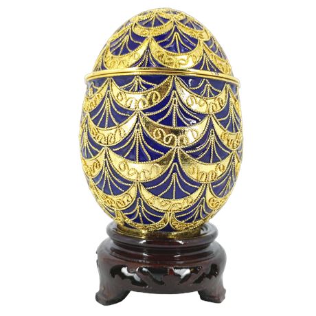 Blue & Gold Cloisonné Style Egg Trinket Box with Lid on Wood Stand | Ornate Deco