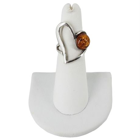 Sterling Silver Amber Heart Ring, Sz 5.5