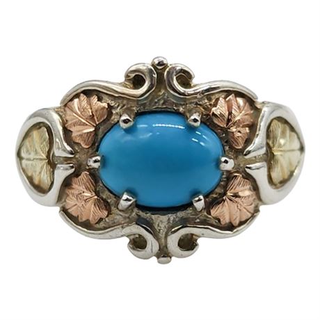 Vintage COLEMAN Sterling Silver & 12K Black Hills Gold Turquoise Ring, Sz 6
