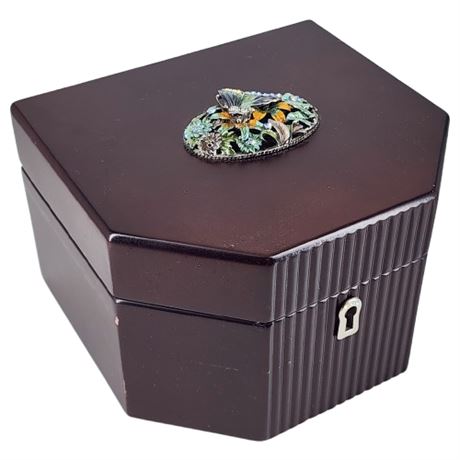 Small Mahogany Stain Jewelry Box w/ Butterfly