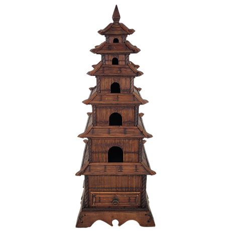 Vintage Split Reed Bamboo 6-Tier Pagoda Tower With Keepsake Drawer