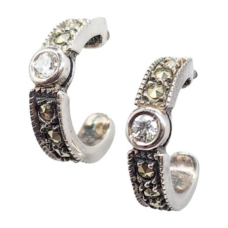 Vintage JUDITH JACK Sterling Silver Marcasite & CZ Open Hoop Earrings