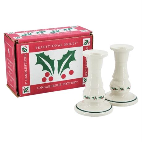Vintage 1996 Longaberger Pottery Traditional Holly 5" Candlesticks in Box
