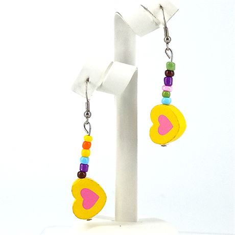 Valentine Hearts - Wooden and Bead Dangle Earrings