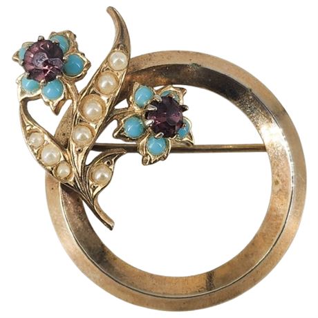 Vintage ALICE CAVINESS Rhinestone Flowers Circle Brooch