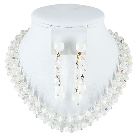 Vintage MARVELLA Faceted Aurora Borealis Crystal Necklace & Clip Earrings Set