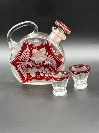 Cut-Glass Pitcher with 2 Shot Glasses