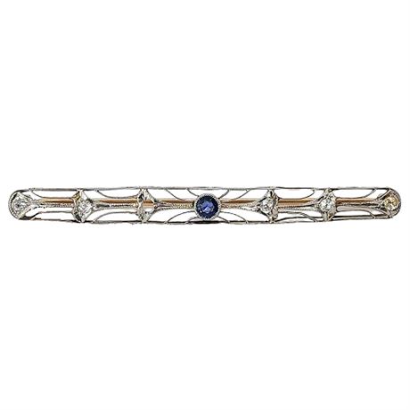 Vtg Victorian Platinum Sapphire & Diamond Openwork Bar Brooch, Flawed