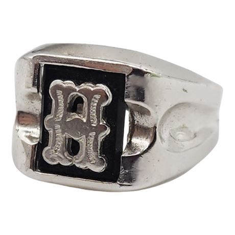Vintage ESPO Sterling Silver Black Onyx "H" Signet Ring, Sz 7