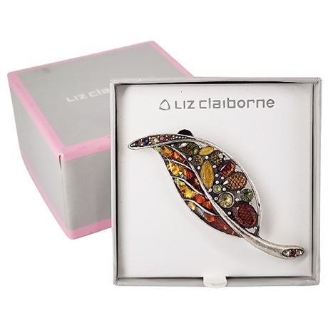 New in Box LIZ CLAIBORNE Rhinestone Leaf Brooch