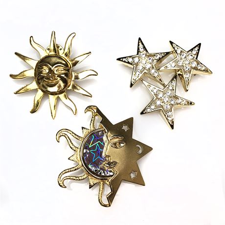 (3) Celestial Sun & Stars (3) Brooch Lot