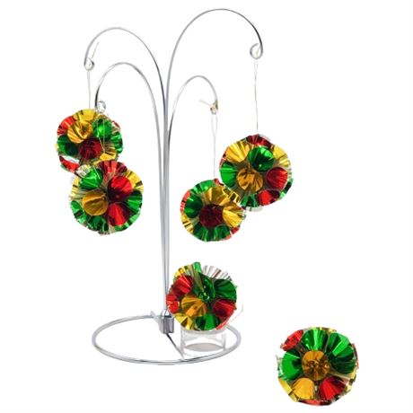 Six Vintage Atomic Foil Silver/Multi Pom-Pom Ornaments