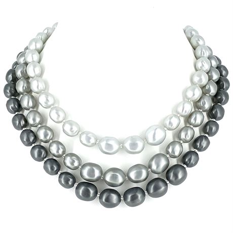 Gray & Silver Faux Pearl Multi-Strand Necklace – Graduated Beads Statement Piece
