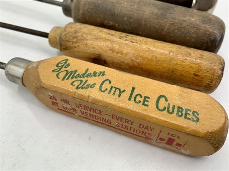 Lot of 5 Antique & Vintage Advertising Wood Handle Ice Picks