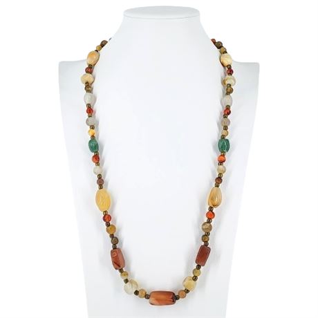 Vintage Agate Gemstone & Brass Beggar Bead Necklace