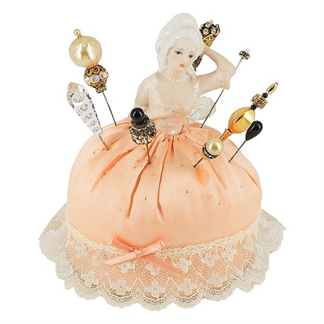Vintage Porcelain Pincushion Courtesan Doll w/ Hat Pins
