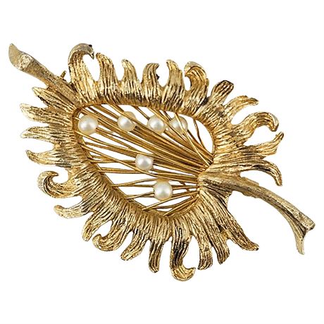 Vintage Gold Tone Stylized Leaf w/ Faux Pearls Brooch